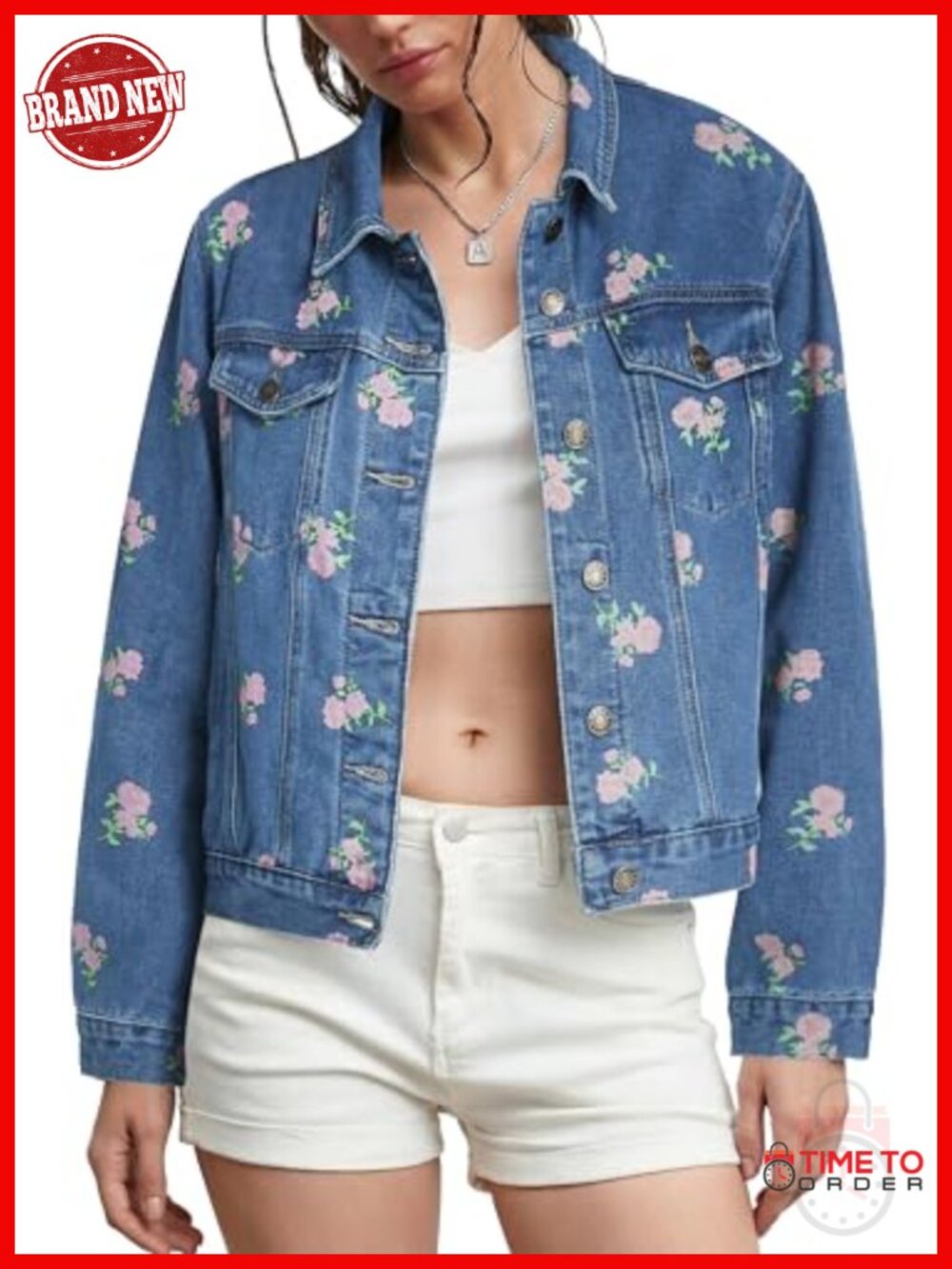 Women's Crop Floral Print Denim Jacket Long Sleeve Button Down - Picture 1 of 5